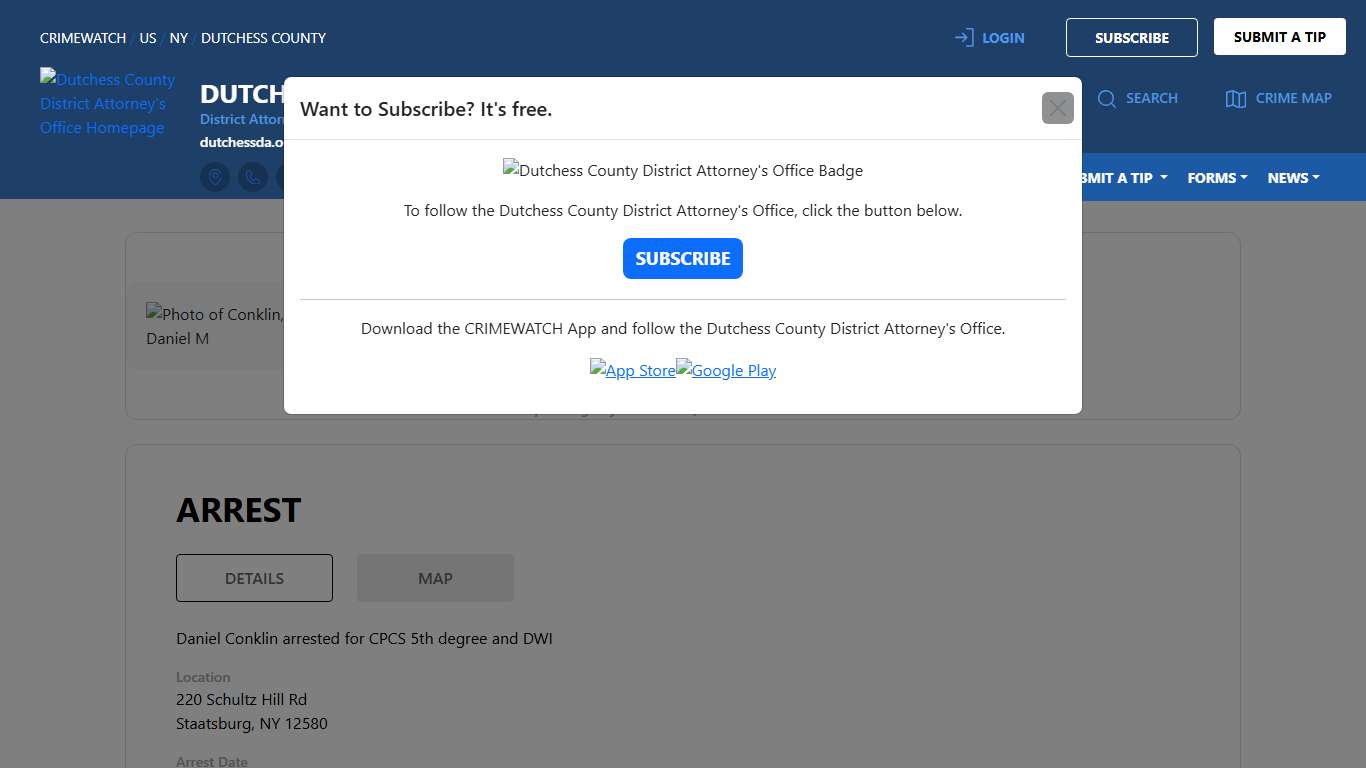 Conklin, Daniel M - CRIMINAL POSSESSION CONTROLLED SUBSTANCE IN THE FIFTH DEGREE and 1 additional charge Dutchess County District Attorney's Office